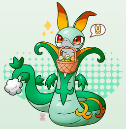 ambiguous_gender basket container easter_egg fake_tail feral holidays looking_at_viewer simple_background solo sparkles tamix easter nintendo pokemon generation_5_pokemon pokemon_(species) reptile scalie serperior snake digital_media_(artwork) hi_res