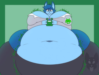 3_fingers anthro belly big_belly big_breasts biped black_eyes black_eyewear black_glasses black_nose blorp blue_body blue_countershading blue_fur blue_hair blue_inner_ear blue_tuft bodily_noises border bottomwear breasts cheek_tuft churn cleavage cleavage_overflow clothed clothed_anthro clothed_female clothing countershade_fur countershading deep_navel ears_up emanata eye_through_hair eyewear facial_tuft female female_anthro fingers front_view fur gaming glasses green_background green_border green_emanata green_text grey_bottomwear grey_clothing grey_jacket grey_pants grey_topwear groan gurgle_(sound_effect) hair half-closed_eyes holding_game_boy huge_belly huge_breasts huge_hips hyper hyper_hips jacket midriff morbidly_obese morbidly_obese_anthro morbidly_obese_female narrowed_eyes navel obese obese_anthro obese_female overweight overweight_anthro overweight_female pants playing_video_game rectangular_glasses rumbling_stomach simple_background slosh sloshing_breasts solo text topwear translucent translucent_hair tuft white_dress_shirt wide_hipped_anthro wide_hipped_female wide_hips strawberrymilkdog game_boy game_boy_family nintendo charlotte_fay catrobis felid mammal colored half-length_portrait hi_res portrait shaded watermark