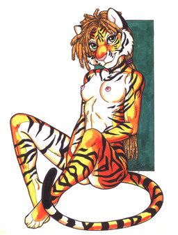 anthro areola biped breasts brown_hair claws dreadlocks female fur green_eyes hair looking_at_viewer nipples nude orange_body orange_fur ponytail simple_background sitting smile solo stripes toe_claws terrie_smith felid mammal pantherine tiger 2005 absurd_res hi_res signature