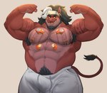 abs anthro areola arm_tattoo armpit_hair barbell_piercing beard big_bulge biped body_hair bottomwear bulge butt chest_tattoo clothed clothing detailed_bulge ear_piercing erection erection_under_clothing facial_hair fur genital_outline hair looking_at_viewer male male_anthro muscular muscular_anthro muscular_male nipple_barbell nipple_piercing nipples pants pecs penis_outline piercing pubes simple_background smile solo sweatpants tail tattoo giga_m blizzard_entertainment overwatch mauga_(overwatch) bovid bovine buffalo cattle mammal suid suine sus_(pig) wild_boar absurd_res digital_drawing_(artwork) digital_media_(artwork) hi_res shaded