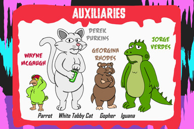 1980s_theme accessory_only anthro beak beard blood bodily_fluids bright_colors brown_body candy candy_bar casual_nudity cheek_tuft chest_tuft confusion crossed_arms dessert facial_hair facial_tuft feathers female food frown green_body group hair head_tuft horror_(theme) humor long_tail male no_genitals nude paranoid pointed_tail rounded_ears scales scared scratching_head slightly_chubby spikes tail text tuft whiskers white_hair alystairphantem the_party_animals derek_purkins_(the_party_animals) georgina_rhodes_(the_party_animals) jorge_verdes_(the_party_animals) wayne_mcgaugh_(the_party_animals) avian bird domestic_cat felid feline felis gopher iguana iguanid lizard mammal parrot reptile rodent scalie 3:2 absurd_res english_text hi_res model_sheet