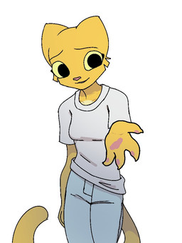 anthro black_eyes breasts clothed clothing female fully_clothed fur holding_out_hand looking_at_viewer medium_breasts pink_nose reaching_towards_viewer simple_background solo tail white_background yellow_body yellow_fur yellow_sclera filthypally microsoft prequel_adventure the_elder_scrolls katia_managan felid khajiit mammal 3:4