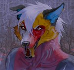 anthro dead_tree detailed_background ear_piercing ear_ring fangs forest forest_background fungus fur grey_body grey_fur hair heterochromia male multicolored_body multicolored_fur mushroom nature nature_background open_mouth piercing plant red_body red_fur ring_piercing sharp_teeth solo teeth tongue tongue_out tongue_piercing tree white_eyes white_hair yellow_body yellow_eyes yellow_fur yellow_tongue daemon_amadare canid canine canis domestic_dog mammal wolf 2020 hi_res