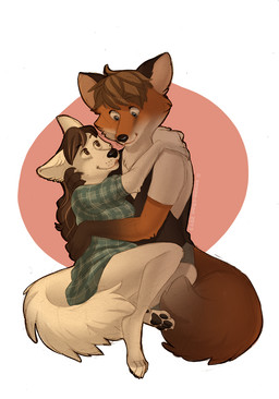 anthro black_nose brown_eyes brown_hair clothed clothing dark duo female fingers fur hair light male pawpads simple_background white_body white_fur onone-chan fluttershyspy little_shewolf lottie canid canine canis fox mammal wolf