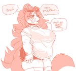 annoyed anthro bandage bandage_on_face big_breasts breasts collar dialogue eyebrows female half-closed_eyes narrowed_eyes simple_background simple_coloring solo standing tail talking_to_another text thick_eyebrows tamyra canid canine canis domestic_dog mammal 2020 english_text