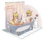 age_difference anthro arm_tuft bath bathing bathing_together bathroom bathtub bent_legs black_ear_tips blonde_hair blush blush_lines bright bright_colors canine_nose cheek_tuft chest_tuft claw_foot_bathtub claws convenient_censorship crossed_legs curvy_figure dipstick_ears duo ear_markings enjoying enjoyment eyelashes eyes_closed facial_tuft female female/female flower fluffy fluffy_ears fluffy_hair fluffy_tail fur hair hair_censor hair_covering_breasts hair_covering_nipples happy head_tuft hot_water hourglass_figure inner_ear_fluff legs_in_water legs_together long_hair looking_at_another looking_at_partner looking_pleasured multicolored_body multicolored_ears multicolored_fur older_female open_mouth pawpads paws pink_inner_ear pink_pawpads plant red_eyes relaxing rose_water satisfied sharp_teeth shoulder_tuft shower_curtain simple_background slim small_eyebrows small_nose smile smirk speech_bubble steam tail tail_in_water teeth teeth_showing tuft two_tone_body two_tone_fur two_tone_tail water white_ears white_inner_ear white_tail white_tiles yellow_ears yellow_tail younger_female mullmull canid canine fox mammal absurd_res hi_res