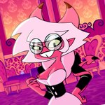 breasts clothed clothing detailed_background eyewear female flashing flashing_breasts glasses hair horn inside looking_at_viewer nipple_piercing nipples open_mouth open_smile partially_clothed piercing pink_body pink_hair smile solo tail teeth thick_thighs white_hair simp_tale helluva_boss asmodeus_assistant background_character demon demon_humanoid horned_humanoid humanoid succubus tailed_humanoid 1:1