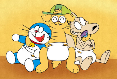 anthro clean_diaper clothed clothing diaper diaper_only front_view group male sitting topless trio wearing_diaper mrvonfuzzlebutt doraemon nickelodeon rocko's_modern_life doraemon_(character) rocko_rama canid canine canis domestic_cat domestic_dog felid feline felis macropod mammal marsupial wallaby digital_media_(artwork) hi_res