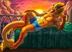 abs anthro bed biceps blonde_hair clothed clothing day detailed_background digitigrade furniture hair horn lying male multicolored_body multicolored_scales muscular muscular_anthro muscular_male navel on_back on_bed orange_body orange_scales pecs scales sky smile solo sun swimming_trunks swimwear tail topless yellow_body yellow_scales azsola asian_mythology east_asian_mythology mythology maundrill dragon eastern_dragon mythological_creature mythological_scalie scalie