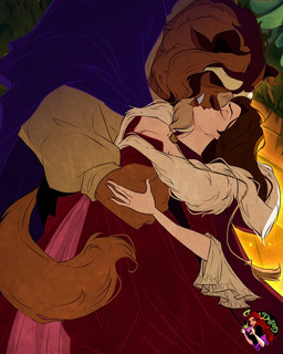 2_horns anthro blue_cape blue_clothing cape clothed clothing dress duo female fur horn hug kiss_on_lips kissing male male/female passionate_kiss red_clothing red_dress sharp_teeth size_difference tail teeth dreadillustrations beauty_and_the_beast disney beast_(disney) belle_(beauty_and_the_beast) human mammal 4:5