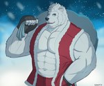 abs anthro beard biceps bottomwear clothing costume facial_hair fur fur_lined_bottomwear fur_lined_clothing green_eyes hair holding_bag holidays ice male muscular muscular_anthro muscular_male navel pants pecs red_bottomwear red_clothing red_pants red_topwear red_vest santa_costume sideburns snow snowing solo topwear triceps vest white_body white_fur white_hair storiaxion christmas december_twilight nicholas_briant bear mammal polar_bear ursine 2022 6:5 artist_name dated hi_res