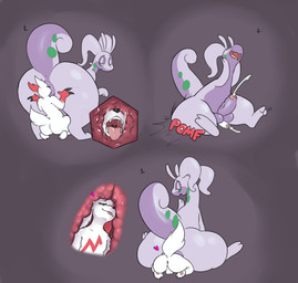 anal anal_penetration anal_vore anthro anus ball big_butt butt butt_slam cutaway deep_rimming duo ejaculation facesitting genitals heart_symbol internal looking_at_another looking_back looking_down male male/male open_mouth oral partially_inside penetration penis rimming sex sitting_on_another snout_fuck tail tongue tongue_out vore atherol nintendo pokemon generation_3_pokemon generation_6_pokemon goodra pokemon_(species) zangoose hi_res multiple_scenes sequence