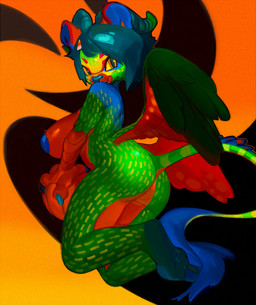 abstract_background accessory anthro areola breasts butt butt_focus claws feathered_wings feathers female food fruit green_body hair hair_accessory horn inverted_nipples looking_at_viewer looking_back nipples nude paws plant pumpkin rear_view smile tail wings yellow_sclera mighty-whydah mythology avian gryphon mythological_avian mythological_creature 2024 digital_media_(artwork) digital_painting_(artwork) painting_(artwork)