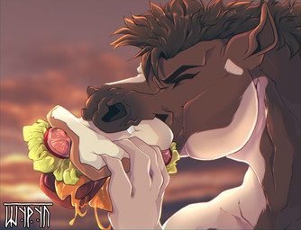 anthro bodily_fluids brown_body brown_fur brown_hair cloud eyes_closed fangs food fur hair licking licking_lips male saliva sandwich_(food) sky smile solo sunset teeth text tongue tongue_out white_body white_fur shyryp broderick_longshanks equid equine horse mammal digital_media_(artwork) english_text hi_res portrait