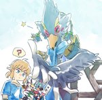 anthro blue_body blue_feathers blush feathers group male one_eye_closed question_mark seductive white_body white_feathers wink ningukt breath_of_the_wild nintendo the_legend_of_zelda kass_(tloz) link revali teba_(tloz) avian bird humanoid hylian rito