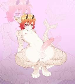 ahoge anthro areola balls bangs black_horn blush crouching ear_piercing erection eyelashes femboy genitals hair horn humanoid_genitalia humanoid_penis long_penis looking_at_viewer male markings medium_hair multicolored_hair navel nipple_piercing nipples nude orange_hair penis piercing pink_areola pink_nipples pink_penis red_eyes red_hair simple_background smile solo spread_legs spreading striped_body striped_markings striped_tail stripes tail tail_markings thick_thighs two_tone_hair batya aquatic fish shark 2022 colored digital_drawing_(artwork) digital_media_(artwork)