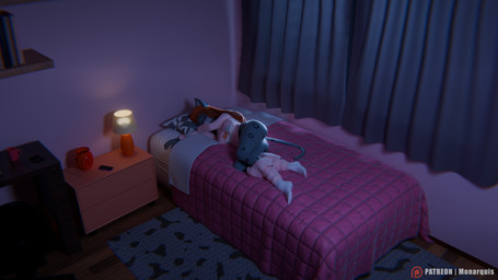 anthro bed bedroom bottomwear bottomwear_down clothed clothing female footwear furniture pajamas pants pants_down partially_clothed sleeping socks solo monarquis momo_(monarquis) felid mammal pantherine snow_leopard 3d_(artwork) digital_media_(artwork) hi_res