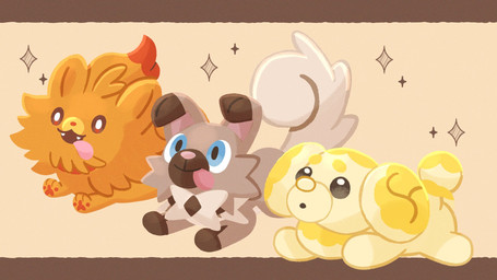 ambiguous_gender blue_eyes brown_body brown_eyes brown_fur fangs feral fur group open_mouth orange_body orange_fur pawpads paws simple_background sparkles tail teeth tongue tongue_out trio yellow_body ririkodraw nintendo pokemon pokemon_winds_and_waves canid canine fidough generation_10_pokemon generation_7_pokemon generation_9_pokemon mammal pokemon_(species) pombon rockruff 16:9 2026 hi_res widescreen
