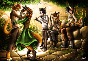 4_toes anthro barefoot bow_(stringed_instrument) bowed_string_instrument claws clothed clothing countershading dancing detailed_background digitigrade feet flute grass group light musical_instrument pawpads paws pink_pawpads plant playing_music playing_violin sitting soles standing string_instrument toes tree violin wind_instrument woodwind_instrument tatujapa canid canine canis domestic_cat felid feline felis fox mammal wolf absurd_res hi_res lighting