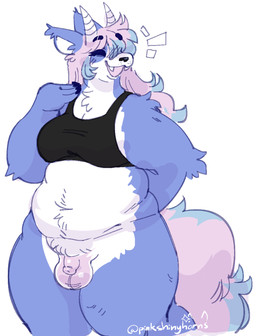 anthro arm_tuft balls biped black_bra black_clothing black_nails black_underwear blue_body blue_fur bottomless bra bra_only breasts chest_tuft clothed clothing colored_nails elbow_tuft emanata eyebrow_through_hair eyebrows eyes_closed flaccid fluffy fluffy_tail foreskin fur genitals gynomorph hair happy horn intersex multicolored_hair nails overweight overweight_anthro overweight_gynomorph overweight_intersex penis pink_hair shoulder_tuft small_penis solo tail translucent translucent_hair tuft two_tone_hair underwear underwear_only unretracted_foreskin white_stomach pinkshinyhorns canid canine mammal 2025 hi_res signature
