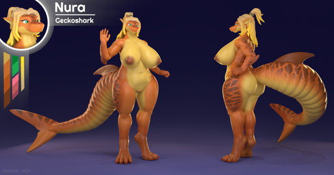 anthro areola barely_visible_genitalia barely_visible_vulva belly big_breasts big_butt blonde_hair breasts butt curvy_figure eyelashes feet female genitals glistening glistening_areola glistening_arms glistening_body glistening_breasts glistening_feet glistening_legs glistening_skin glistening_tail glistening_thighs green_eyes hair huge_breasts hyper hyper_breasts long_hair looking_at_viewer navel nipples non-mammal_breasts non-mammal_ears non-mammal_hair non-mammal_navel non-mammal_nipples nude overweight overweight_female slightly_chubby smile solo text thick_thighs vulva wide_hips norrxie nura_(norrxie) aquatic fish gecko lizard reptile scalie 3d_(artwork) absurd_res digital_media_(artwork) hi_res model_sheet