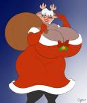 anthro big_breasts blush breasts female gesture hair hand_gesture holding_sack holidays huge_breasts hyper hyper_breasts one_eye_closed sack smile solo v_sign white_hair wink superix christmas deer mammal new_world_deer reindeer 2016 absurd_res hi_res