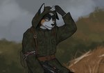 anthro bag bandage bandaged_arm camo camo_clothing camo_print clothing coat fingerless_gloves gloves gun handwear male pattern_clothing ranged_weapon rifle sniper_rifle solo topwear weapon kirkir canid canine canis domestic_dog mammal 2019 digital_drawing_(artwork) digital_media_(artwork) signature