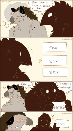anthro black_body black_feathers blush blushing_profusely bodily_fluids cigarette dialogue dialogue_choice duo empty_eyes feathers four_frame_image four_row_layout fur gameplay_mechanics grey_body grey_fur holding_object imminent_sex inner_monologue interrobang jagged_mouth looking_at_another male question_mark sad shocked simple_background smoking smoking_cigarette speech_bubble sweat sweat_emanata tan_background text thinking thought_bubble white_eyes yellow_eyes lovebuffpg45 wilber_(pegu2726) avian hyena mammal artist_name comic digital_drawing_(artwork) digital_media_(artwork) english_text hi_res
