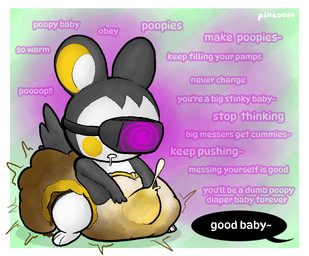 abdl bodily_fluids border bulge clothed clothing corruption cum cum_in_clothing cum_in_diaper cum_through_clothing cum_through_diaper cumshot dialogue diaper diaper_blowout diaper_bulge drooling ejaculation electronics erection erection_in_diaper excessive_feces feces feces_blowout feral genital_fluids green_background headgear headphones headset hyper hyper_feces hyper_soiling hypnosis hypnotic_visor leg_guard_peekage male mind_control offscreen_character open_mouth pattern_background pooping saliva scatplay semi-anthro simple_background soiled_diaper soiling soiling_diaper solo speech_bubble stained_diaper text thoughts unclean_diaper urine used_diaper using_diaper wearing_diaper wet wet_clothing wet_diaper wetting wetting_diaper white_border pincoosh nintendo pokemon emolga generation_5_pokemon pokemon_(species) hi_res