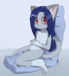 anthro blue_hair female flat_chested genitals hair nipples nude pillow pussy red_eyes solo tail young young_anthro young_female delicious_(artist) sapphire_van_keuren domestic_cat felid feline felis mammal