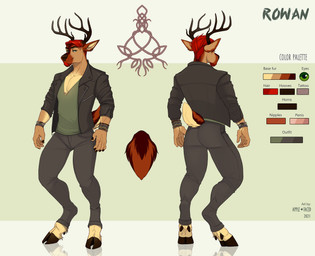 anthro antlers beard black_clothing black_jacket black_topwear bottomwear brown_body brown_fur clothed clothing facial_hair front_view fur glistening glistening_eyes goatee green_clothing green_eyes green_topwear grey_bottomwear grey_clothing grey_pants hair horn jacket looking_at_viewer male mouth_closed muscular muscular_anthro muscular_male narrowed_eyes open_clothing open_jacket open_topwear pants pecs rear_view red_beard red_facial_hair red_hair short_hair simple_background solo standing tan_body tan_fur text topwear apple-faced rowan_(the_glorious_goat) deer mammal 2021 artist_name dated english_text hi_res model_sheet