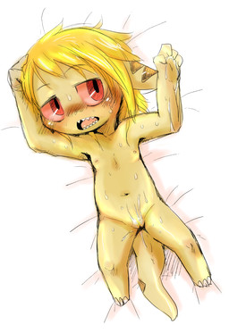 anthro blush bodily_fluids female genitals looking_at_viewer lying navel nipples nude on_back open_mouth simple_background solo sweat vulva young young_anthro young_female doneru tany_(doneru) bamfear 2015 hi_res adult_(lore)