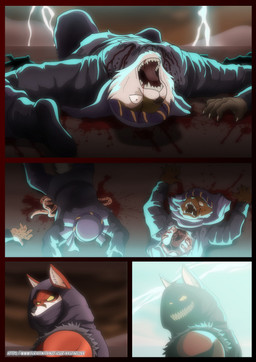 anthro blood bodily_fluids bottomwear clothed clothing cloud corpse desert electricity entrails exposed_organs fangs fur gore group guts headgear headwear lightning male multicolored_body multicolored_fur muscular muscular_anthro muscular_male open_mouth organs red_body red_fur sand storm teeth tongue topwear two_tone_body two_tone_fur white_body white_fur xxsparcoxx acarius_medjay teofacio_larna ambiguous_species canid canine fox mammal red_fox true_fox 2024 comic digital_media_(artwork) hi_res