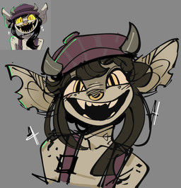 anthro beret brown_hair clothing facial_piercing female female_anthro flat_chested front_view grey_body hair hat headgear headwear horn nose_piercing nose_ring open_mouth piercing ring_piercing septum_piercing septum_ring sharp_teeth shirtless shirtless_anthro shirtless_female smile smiling_at_viewer solo sparkles suspenders teeth peargor deadlock_(game) valve valve_corporation ivy_(deadlock) gargoyle absurd_res hi_res redraw sketch