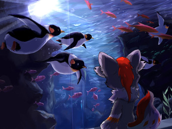 anthro aquarium big_eyes biped cute_fangs fangs feral fur grey_body grey_fur group hair kemono male red_hair slim_anthro slim_male teeth vivarium white_body white_fur hlg7777 mythology avian bird dragon furred_dragon furred_scalie mythological_creature mythological_scalie penguin scalie 2019 hi_res