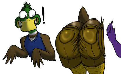 anthro big_butt bottomwear butt butt_slap cargo_shorts clothing duo exclamation_point male shirt shorts slap spanking tank_top tight_clothing topwear young binkykun dax_mallard_(migration) anatid anseriform avian bird duck absurd_res hi_res
