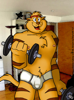 accessory anthro briefs bulge clothing detailed_bulge exercise genital_outline headband inside male navel nipples penis_outline smile solo teeth_showing text tighty_whities tongue_showing underwear weightlifting white_briefs white_clothing white_underwear workout rthur hanna-barbera swat_kats chance_furlong domestic_cat felid feline felis mammal english_text