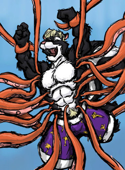 abs anthro black_body black_fur blonde_hair bulge clothed clothing fluffy fluffy_tail fur hair laugh male multicolored_body multicolored_fur muscular muscular_anthro muscular_male navel open_mouth open_smile pecs pink_nose purple_clothing purple_swimwear restrained restrained_arms restrained_by_tentacles smile solo swimming_trunks swimwear tail tentacles tickle_fetish tickle_torture tickling tickling_armpits tickling_belly tickling_navel tickling_sides topless topless_anthro topless_male two_tone_body two_tone_fur white_body white_fur kctk zach_hastings mammal mephitid skunk