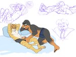 4_toes 5_fingers age_difference anthro assisted_undressing belly big_belly black_body black_fur black_hair black_pawpads blush brown_body brown_fur clothing clothing_pull dominant eyebrows feet fellatio fingers fur genitals hair hands_behind_head head_between_thighs humanoid_genitalia humanoid_penis licking lying male male/male nervous on_back oral pawpads penile penis penis_lick pillow pink_pawpads raised_eyebrow sex striped_body striped_fur stripes submissive tan_body tan_fur text toes tongue tongue_out underwear underwear_pull undressing_another whisker_spots white_body white_fur p_rindustries chuck_(p_rindustries) will_(p_rindustries) canid canine canis dobermann domestic_cat domestic_dog felid feline felis mammal pinscher 4:3 absurd_res hi_res sketch