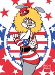 anthro belt biped blonde_hair breasts bulge butt clothed clothing crossgender flag flag_background gynomorph hair hat headgear headwear intersex makeup mtg_crossgender mti_crossgender pattern_background simple_background skimpy small_hat solo standing star star-shaped_background star_symbol mileshoot looney_tunes warner_brothers bugs_bunny lagomorph leporid mammal rabbit 2021 hi_res signature