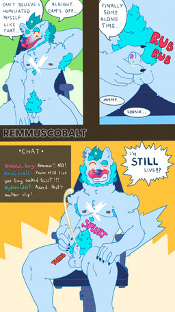 anthro armpit_fetish armpit_hair balls blush bodily_fluids body_hair cum ejaculation embarrassed exposed foreskin genital_fluids genitals group humiliation livestream male nipples nude penis precum pubes public small_penis solo text unretracted_foreskin remmus_cobalt remmus_cobalt_(character) canid canine canis hybrid mammal wolf wolfdog 4k 9:16 absurd_res comic english_text hi_res