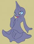 anthro anthrofied balls blue_sclera flaccid foreskin generation_3_pokemon genitals gesture hand_gesture hi_res humanoid humanoid_genitalia humanoid_penis male middle_finger nintendo not_furry penis pokemon pokemon_(species) posexe purple_eyes shuppet simple_background solo tongue tongue_out