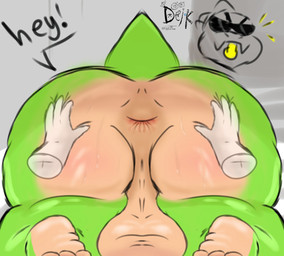 angry anthro anus balls bent_over big_butt bodily_fluids butt disembodied_hand feet genitals hand_on_butt looking_at_viewer looking_back looking_back_at_viewer male non-mammal_balls nude rear_view solo spread_butt spreading sweat tail text ugly-rat15508 brawl_stars supercell_(company) buzz_(brawl_stars) supercell dinosaur prehistoric_species reptile scalie digital_media_(artwork) hi_res