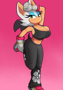 anthro big_breasts bodily_fluids bottomwear bra breasts bulging_breasts clothing eyelashes female footwear gloves green_eyes handwear midriff one_leg_up pants raised_leg shoes solo sports_bra sweat tan_body underwear white_body yoga_pants roboticsteve sega sonic_the_hedgehog_(series) rouge_the_bat bat mammal 2025 absurd_res hi_res