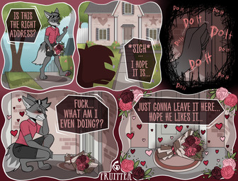 5_panel_comic abs anthro black_bottomwear black_clothing black_shorts blush bottomwear bouquet brick building clothing crouching dipstick_tail eye_scar eyebrows eyewear eyewear_on_head facial_scar flower flower_bouquet front_door grass grey_body grey_eyebrows grey_inner_ear_fluff heart_symbol house inner_ear_fluff lawn leg_scar male markings neighborhood nervous plant red_clothing red_shirt red_topwear romantic rooftop rose_(flower) scar scribbles shirt shorts shrub sidewalk solo stairs star sunglasses sunglasses_on_head tail tail_markings text thoughts topwear tree tuft walking wearing_sunglasses welcome_mat white_fence fruittea azazel_(fruittea) canid canine canis mammal wolf 2026 absurd_res artist_name colored digital_drawing_(artwork) digital_media_(artwork) english_text hi_res signature