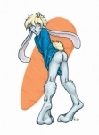 anthro barefoot biped blonde_hair bottomless butt carrot clothed clothing feet food fur hair long_ears looking_back male open_mouth plant red_eyes short_hair solo standing vegetable white_body white_fur calli aoi_(calli) lagomorph leporid mammal rabbit 2006