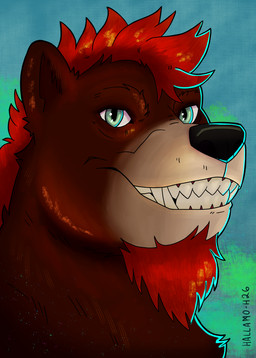 anthro beard brown_body brown_fur facial_hair fur green_eyes hair male mohawk red_beard red_facial_hair red_hair smile solo teeth hallamo-h jorggis bear mammal digital_media_(artwork) hi_res portrait
