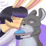 birthday cupcake duo food kissing_cheek simple_background damian5320 dami_(damian5320) herex chinchilla chinchillid lagomorph leporid mammal rabbit rodent 1:1 absurd_res hi_res