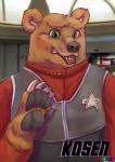 anthro badge black_nose brown_body brown_fur fur green_eyes open_mouth paws teeth ero_jasper_(artist) star_trek star_trek_the_next_generation bear brown_bear kodiak_bear mammal ursine hi_res