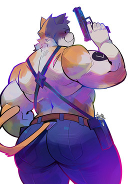 anthro belt blush bottomwear butt butt_focus clothed clothing gun handgun looking_at_viewer male muscular muscular_male pants pistol ranged_weapon simple_background solo weapon white_background tojita epic_games fortnite meowscles domestic_cat felid feline felis mammal hi_res